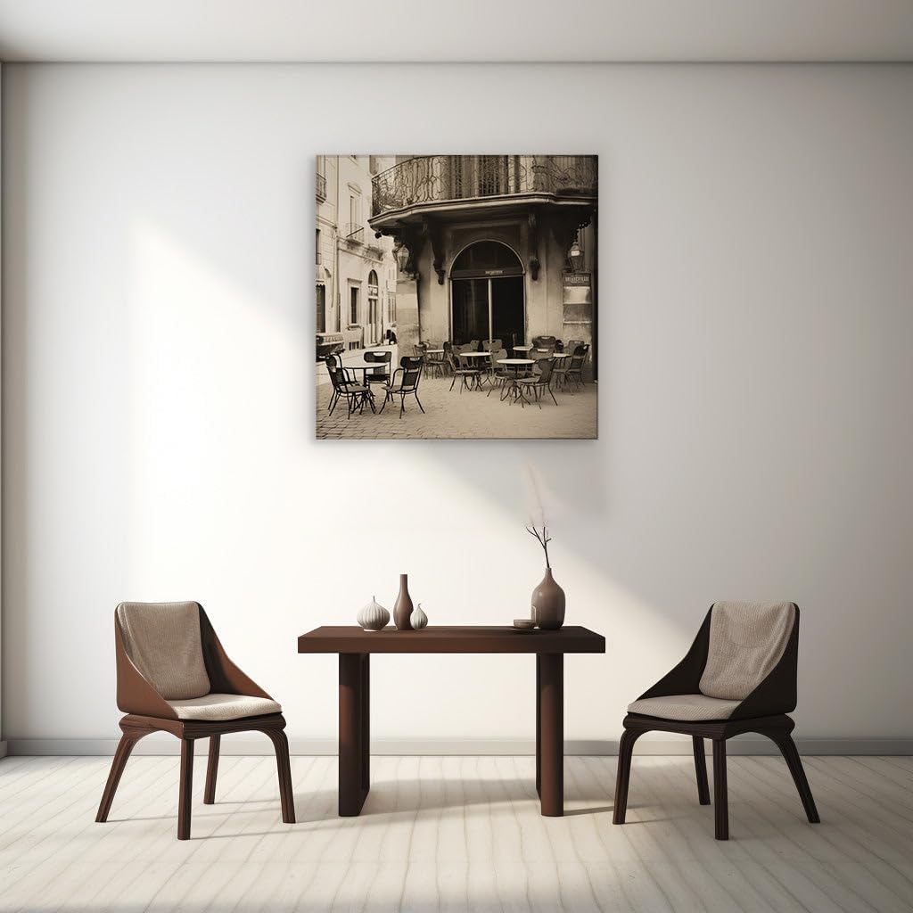 Canvas for Living room. Urban Oasis - Step into the Tranquil Vintage Vibes of a Secluded Caf� Escape, 27 x 18 inch Canvas Wall Art - Ready to Hang