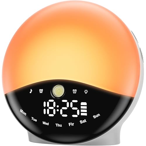 Wake Up Light Sunrise Alarm Clock for Bedrooms, Rechargeable Sound Machine Night Light, 28 Sleep Sounds, 12 Colors, Dual Alarms, White Noise Sound Machine for Baby and Adults