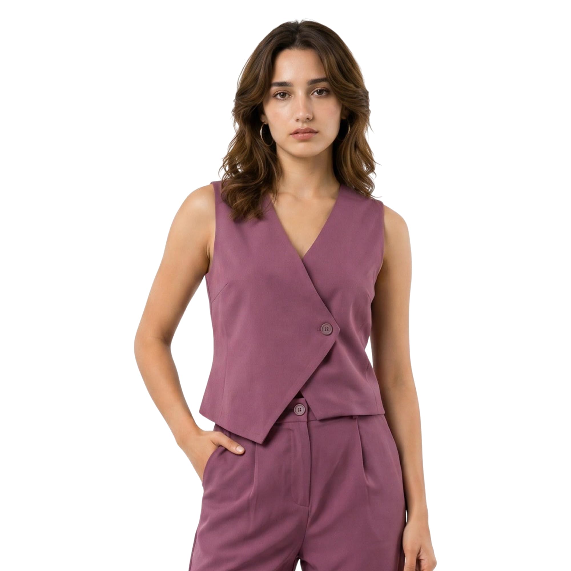 bossbella BOSSBELA Women Mauve Sleeveless Single-Breasted Cropped Formal Waistcoat | Notched Lapel | Office Wear-picture-15