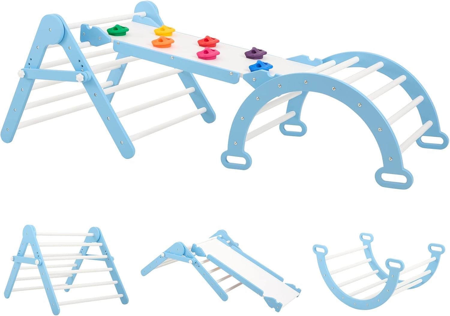 FUNLIO Foldable Pikler Triangle Set, Montessori Climbing Set with Solid Wood for Toddlers 2-6 yrs, Adjustable 3-in-1 Indoor Play Gym with Arch/Slide/Climbing Rock/Triangle, Easy to Install - Blue