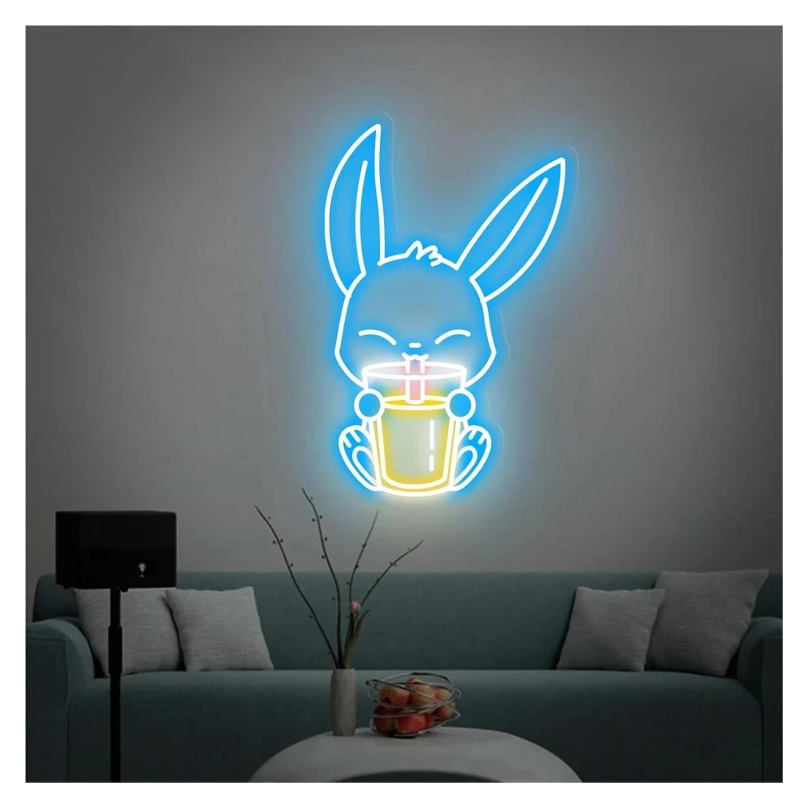 LEMST Signs Lamp Rabbit Drinking Milk Tea Neon Signs USB Powered Adjustable Brightness Bunny Neon Lights, Suitable for Wall Decor(C,55cm)