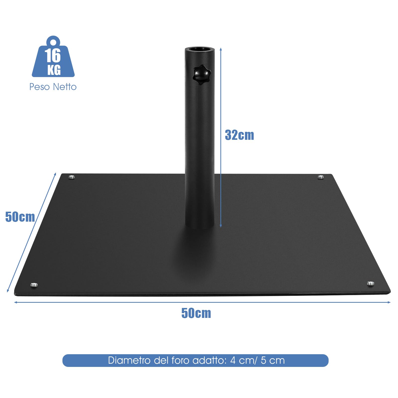 COSTWAY Base per Ombrellone Quadrata 50 cm, 16 kg con 4 Piedini Regolabili, Adattatori da 4cm/5cm, Supporto Ombrellone Installazione Veloce, per Patio Piscina (Nero)