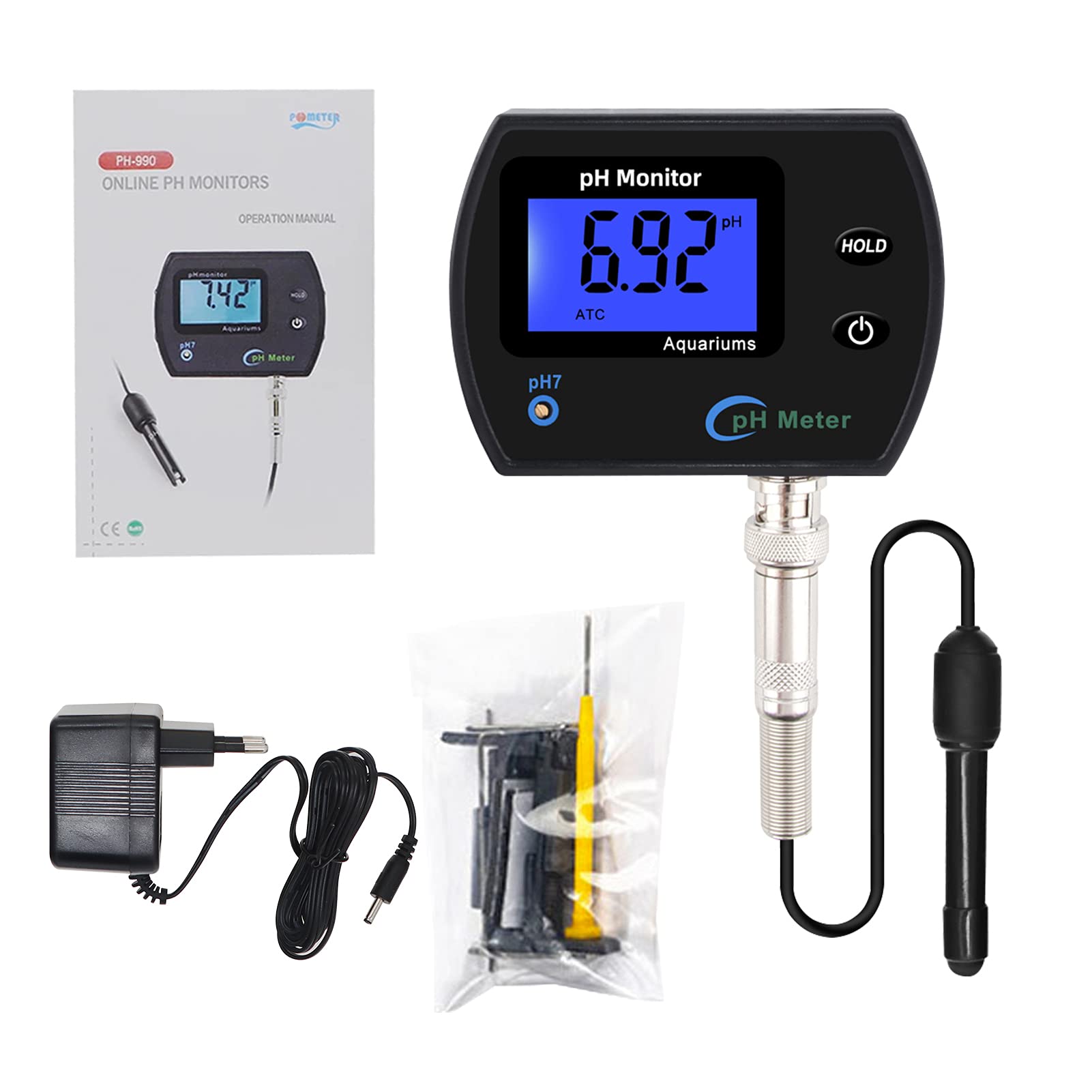 pH-mètre - pH-mètre Moniteur de qualité de l'eau testeur écran LCD sonde d'interface BNC pour Aquariums, Culture hydroponique(Moi)