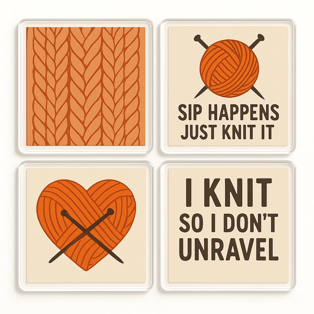 The Plum Penguin Knit & Sip Haven Acrylic Coaster Gift Set Of 4 With Knitting-Themed Design - For Crafting Enthusiasts, Mum & Grandma Delight