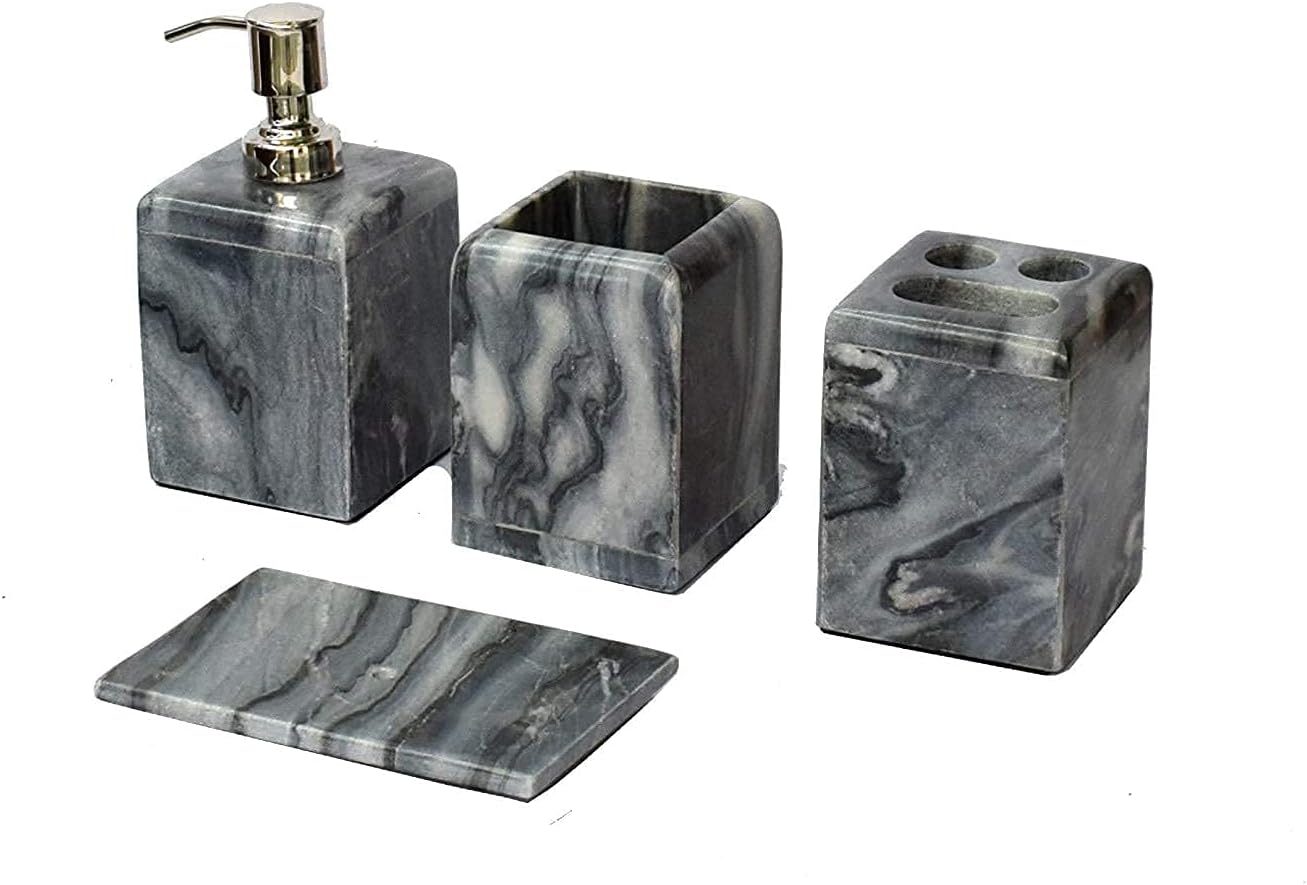 WIGANO Stone Made Bathroom Accessories Set.Stone Soap Dispenser with Chrome Polish Pump (One Extra Pump) with Four Complete Set Ideal for Room Bathroom, Luxury Hotel Bathroom Or for Gift.
