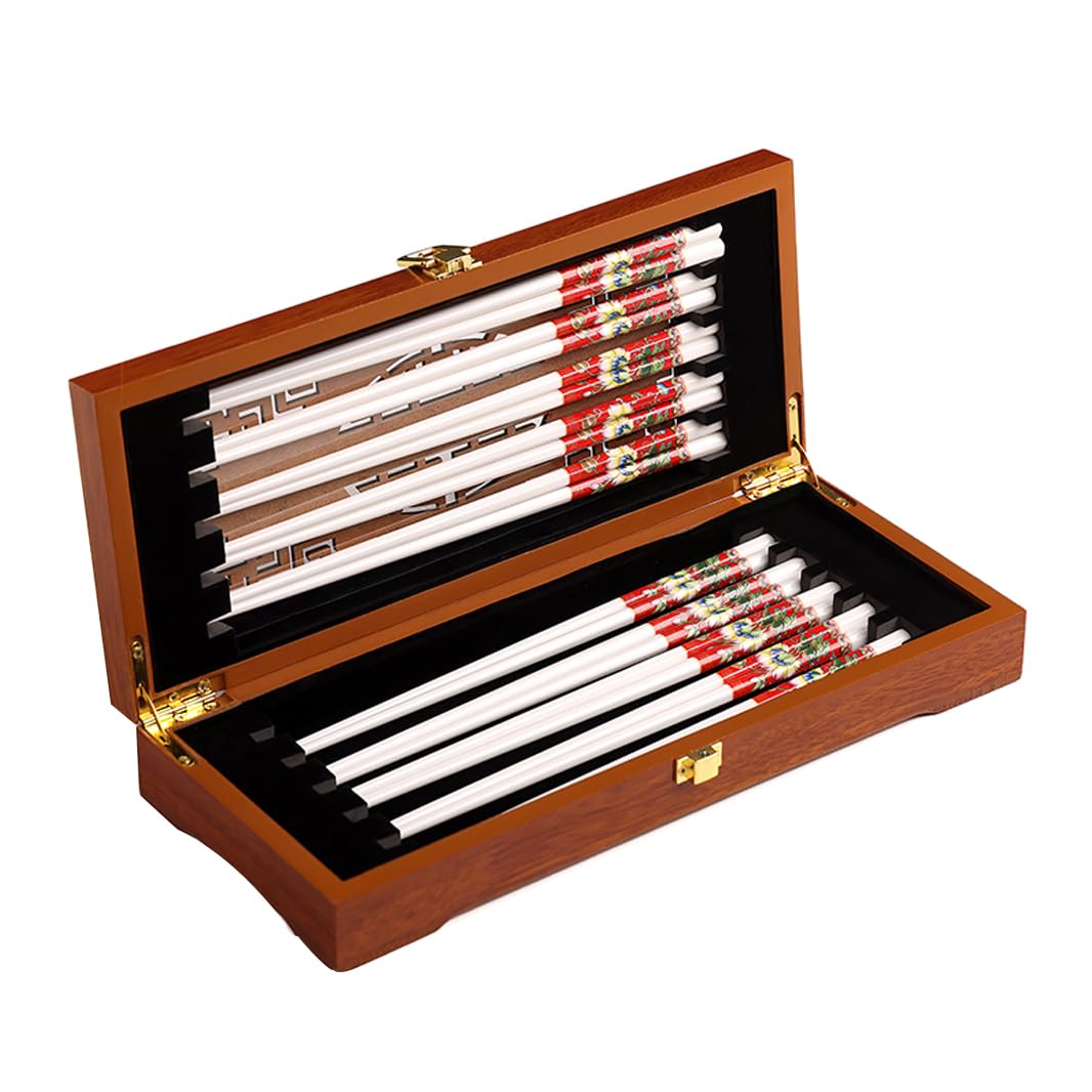 Coffret cadeau de baguettes en porcelaine chinoise, coffret cadeau de 10 paires de baguettes réutilisables lavables au lave-vaisselle avec étui, baguettes en céramique d'os de haute qualité avec