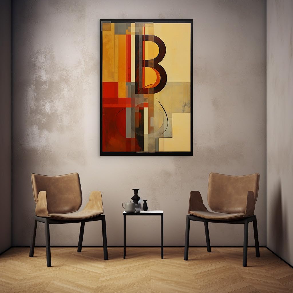 Canvas for Living room. Burst of Geometric Genius: The Vivid Dance of Shapes Around a Central Brown Letter B, 27 x 18 inch Canvas Wall Art - Contemporary Masterpieces - Modern Home Decor