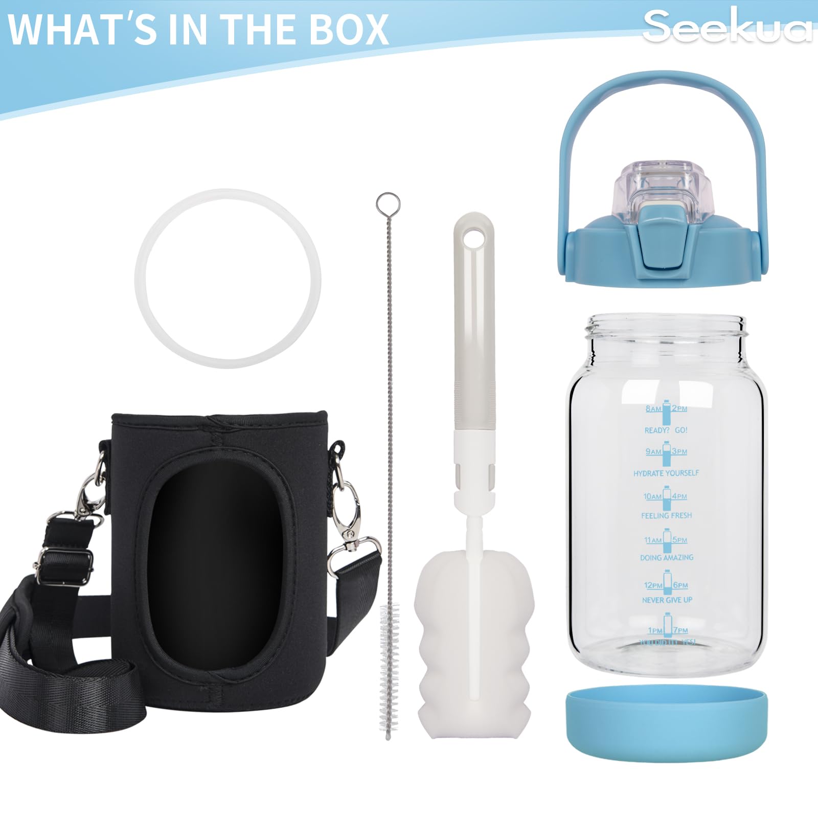 Seekua 1l Glass Water Bottle with Straw & Motivational Time Markings 1 litre Large Leakproof Gym Drinking Bottle - Image 4