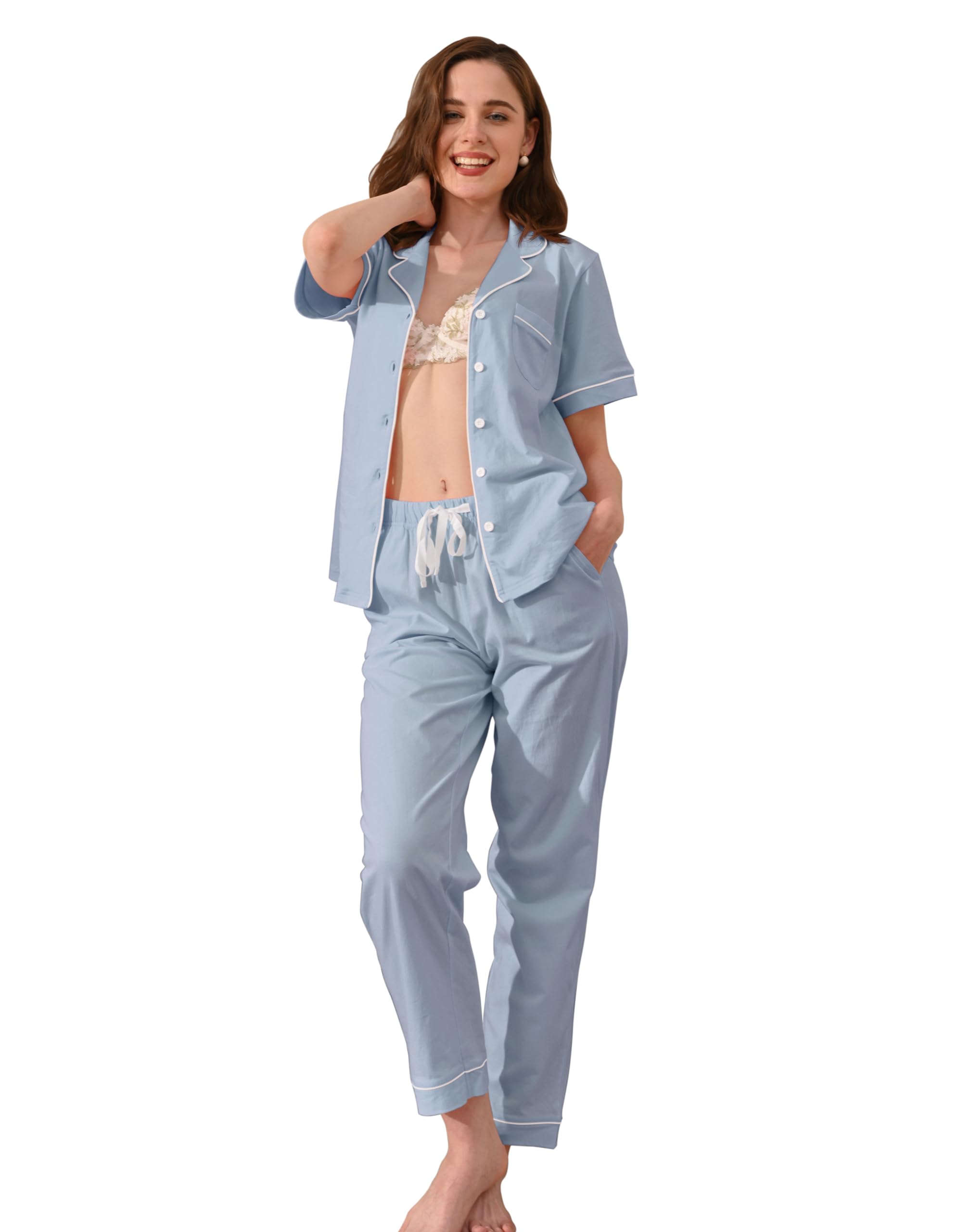 NAP BOUND 100% Cotton Women's Pajama Sets Short Sleeve Button Down Soft Pjs 2 Piece Lounge Set with Pocket Nightwear XS-XXL