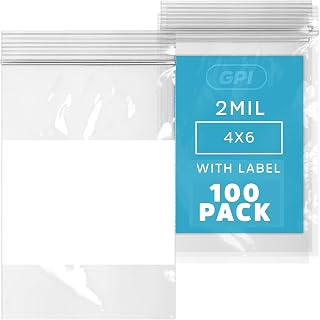 GPI Pack of 100 4" x 6" CLEAR PLASTIC RECLOSABLE ZIP BAGS - Bulk 2 mil Thick Strong & Durable Poly Baggies With Resealable Zipper Top Lock & write-on white block, for labeling, packaging & shipping.