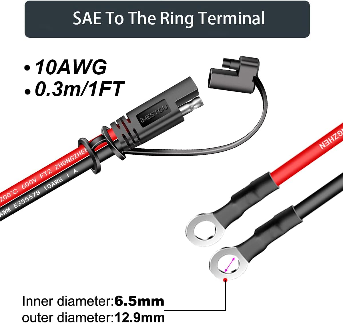 iMESTOU 10AWG SAE Cables 2 Pin Quick Disconnect Plug to O Ring Terminal Harness 1 Feet Extension Charge Cables SAE Connectors for 12V/24V Motorcycle, ATV, Lawn Mower, Truck(2)