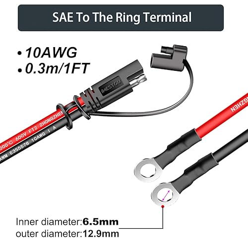 Miniatura 4 de iMESTOU Arnés de terminal SAE a anillo tórico de 10 AWG, enchufe de desconexión rápida de 2 pines, arnés de terminal de ojal, cable de carga, cable