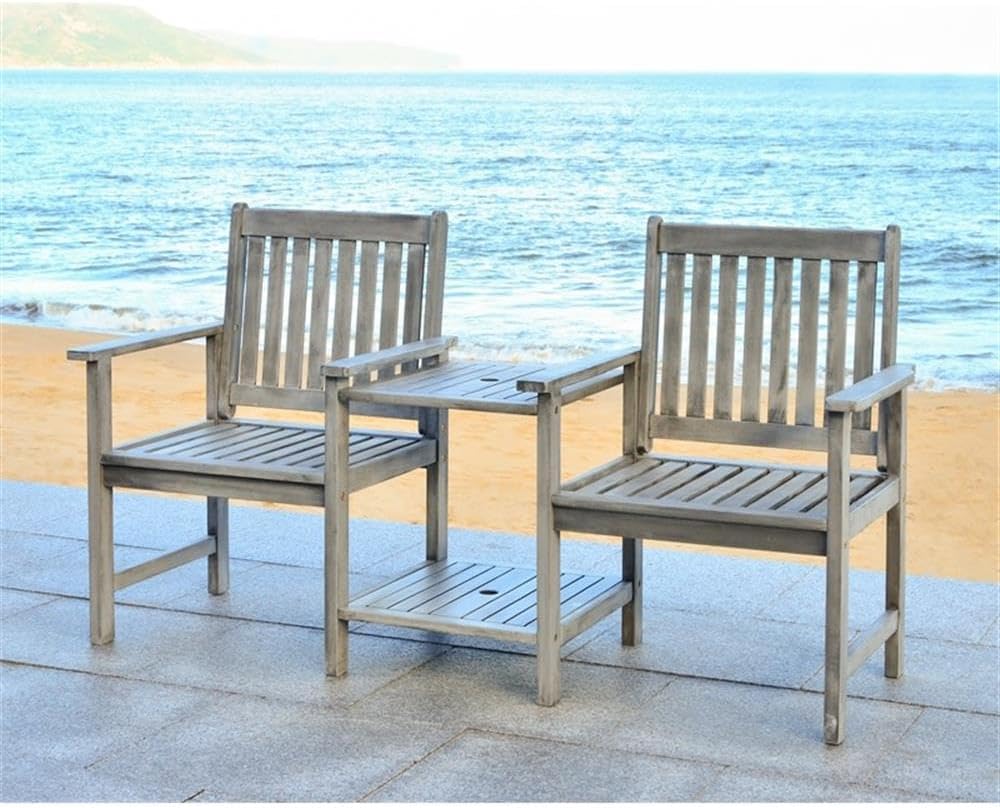 Pemberly Row Twin Seat Outdoor Bench, 65 in Acacia Wood & Galvanized Steel, Gray Finish, Durable Contemporary Seating for Patio, Entryway, Hallway, or Porch Decor