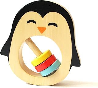 Shumee - Wooden Baby Rattle Teething Toy - Penguin Shaped Animal Teether for Kids - (Gift 6 Months+ Boys Girls)