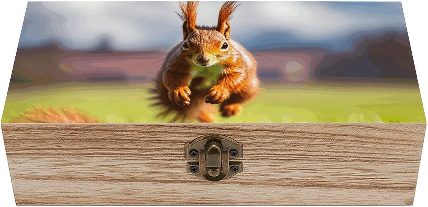 Country Brown Squirrel Memory Jewelry Wooden Box, Large Wooden Treasure Chest Boxes with Hinged Lid, Photos Storage Case for Women Men, Wooden Keepsake Box, 7.9'' X 3.9'' X2.3''
