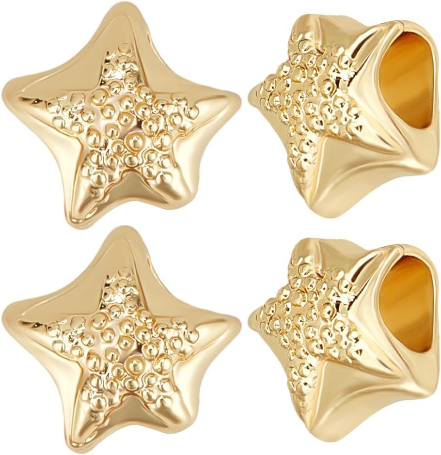 Beebeecraft 1 Box 20Pcs Gold Starfish Beads Bulk Real 14K Gold Plated Antique Ocean Theme Sea Animal Star Mini Loose Spacer Large Hole Beads for Jewelry Making Bracelet Necklace DIY Crafts Supplies
