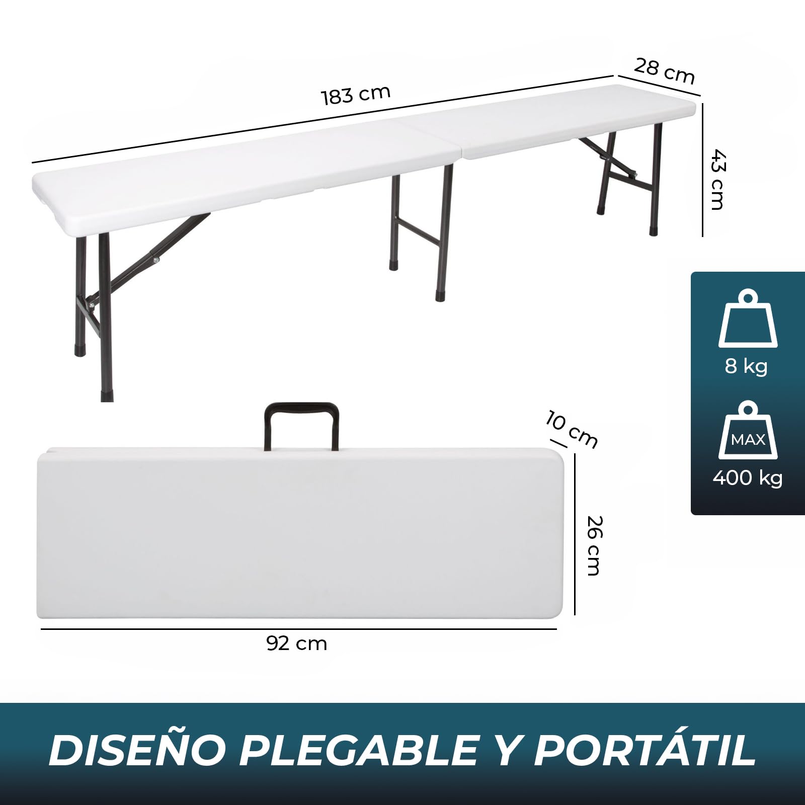 YOEVU Banco Plegable Portátil Multifuncional, Plástico HDPE, 183x28x43cm, Capacidad 300kg, para Jardín Exterior Camping y Patio, Moderno, Blanco