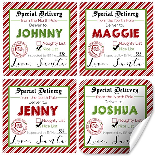 Custom Santa’s Special Delivery Christmas 12 Custom Gift Tag Stickers 2.5" Square Labels for Holiday Packaging, Personalized with Child’s Name, Cute North Pole Design, Made in USA by Amanda Creation
