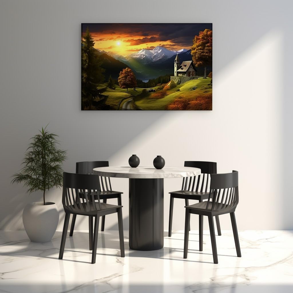 Canvas for Living room. Sunset Serenity at the Hilltop Church Amidst Majestic Mountains, 27 x 18 inch Canvas Wall Art - Surrealistic Visions - Modern Home Decor - 69x46 cm (27x18 inch)