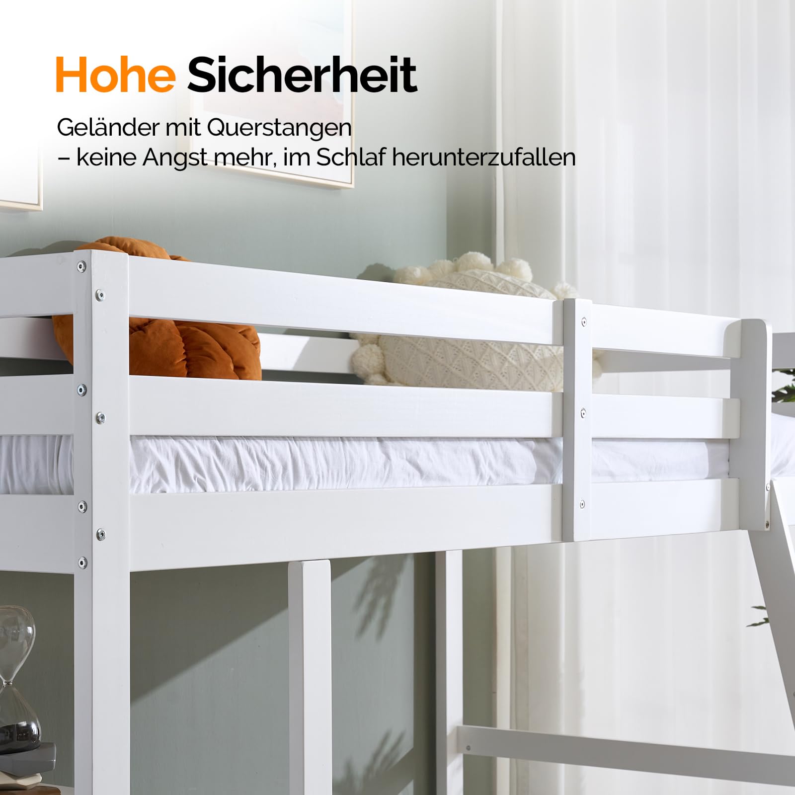 VINGLI Hochbett 90x200 cm, stabiles Kinderbett aus Kiefernholz mit Rausfallschutz und Treppe, 2-in-1 Jugendbett mit 3-stöckigem Regal, Weiß