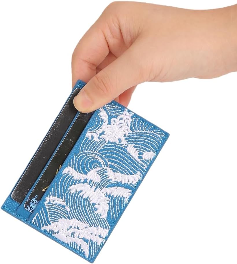 Slim Leather Card Holder with Wave Design, RFID Blocking, Blue and White, 2.76" x 3.94 - Image 2