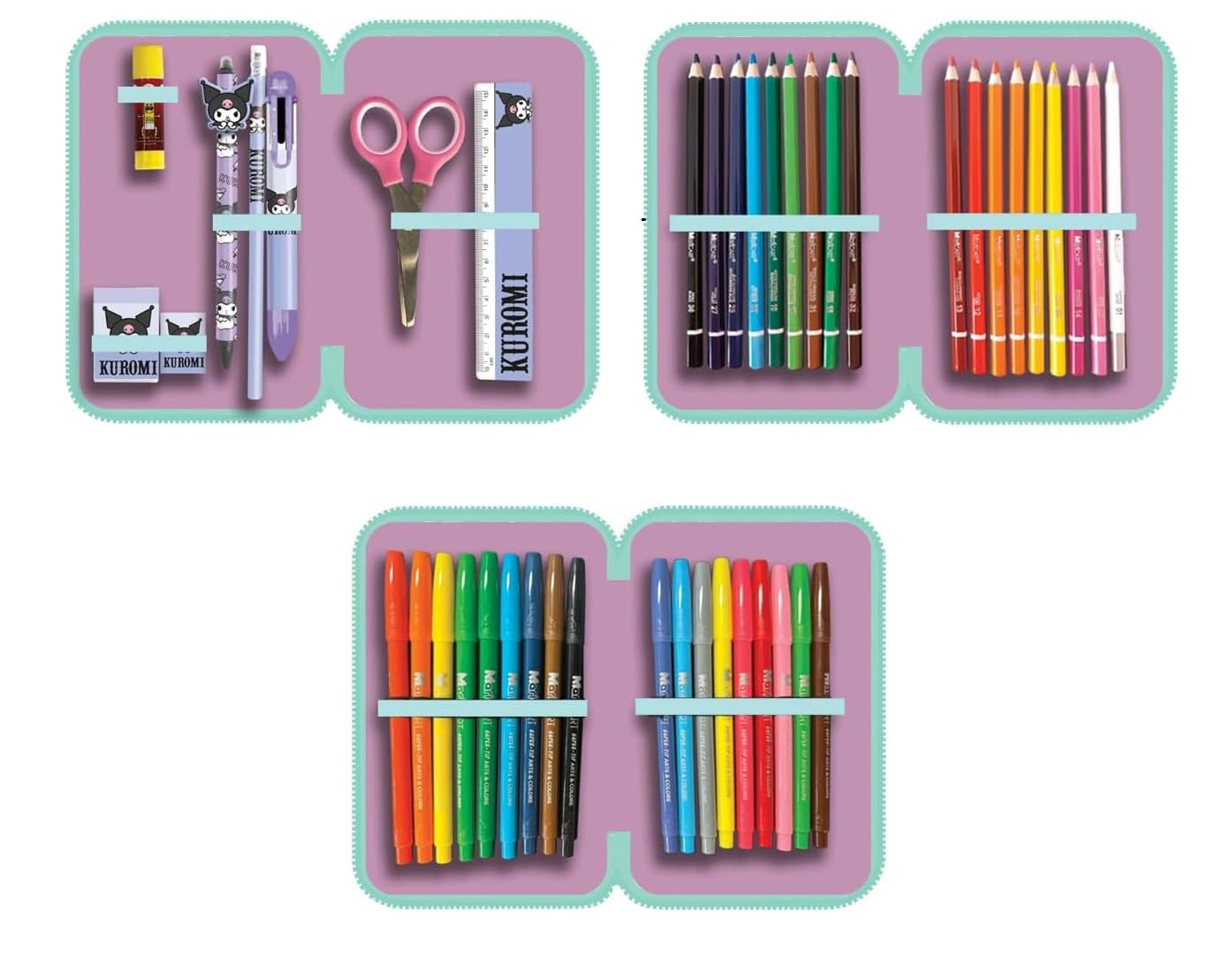 PRESTIGE & DELUXE Zaino Tondo 3 scomparti Kuromi per la scuola primari Bambine + Astuccio 3 piani + diario + Kit penne e portachiave paillettes