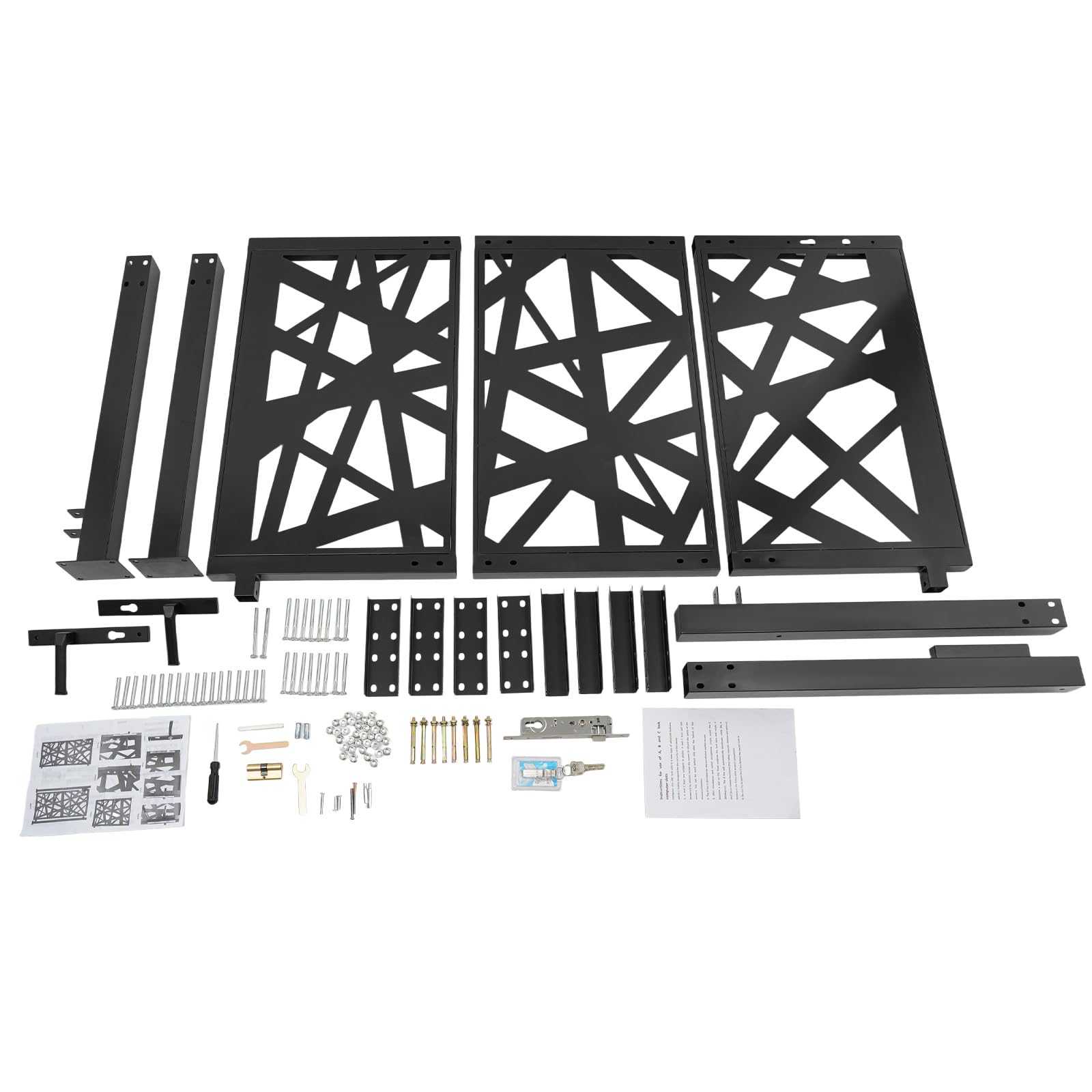 Moderna puerta de jardín de metal, 105 x 150 cm, con cerradura de seguridad, apertura de 180°, para terraza, jardín, almacén en marrón, negro y blanco, para patio y como protección visual