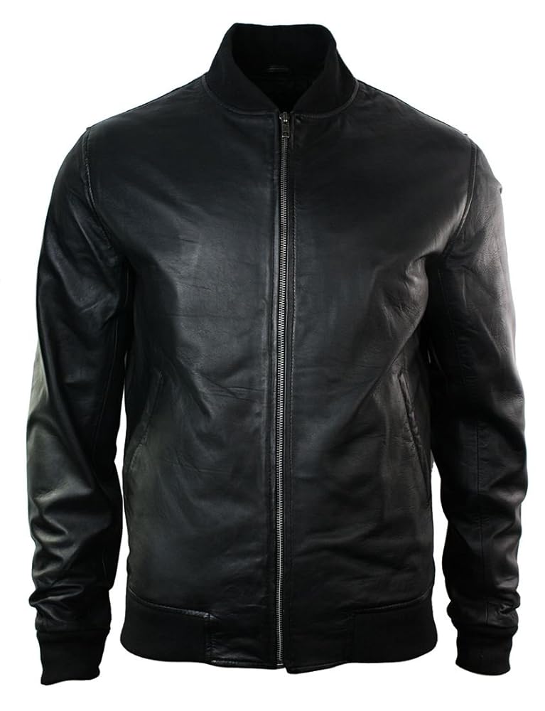 Mens Slim Fit Real Leather Black Varsity Bomber Jacket