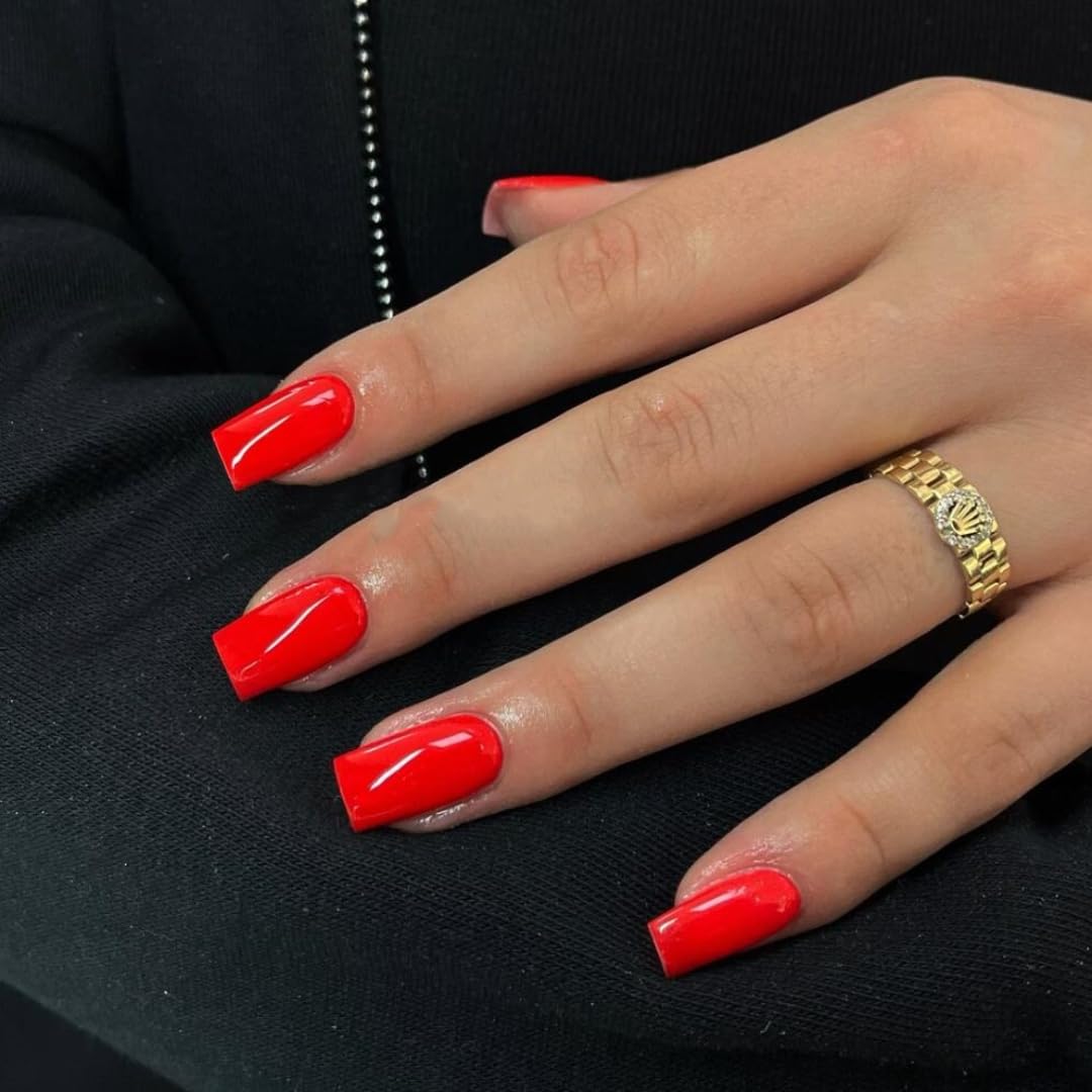 KQueenest Acrylic Press on Nails Short Medium Square, Light Red False Nails Short Coffin - Image 2