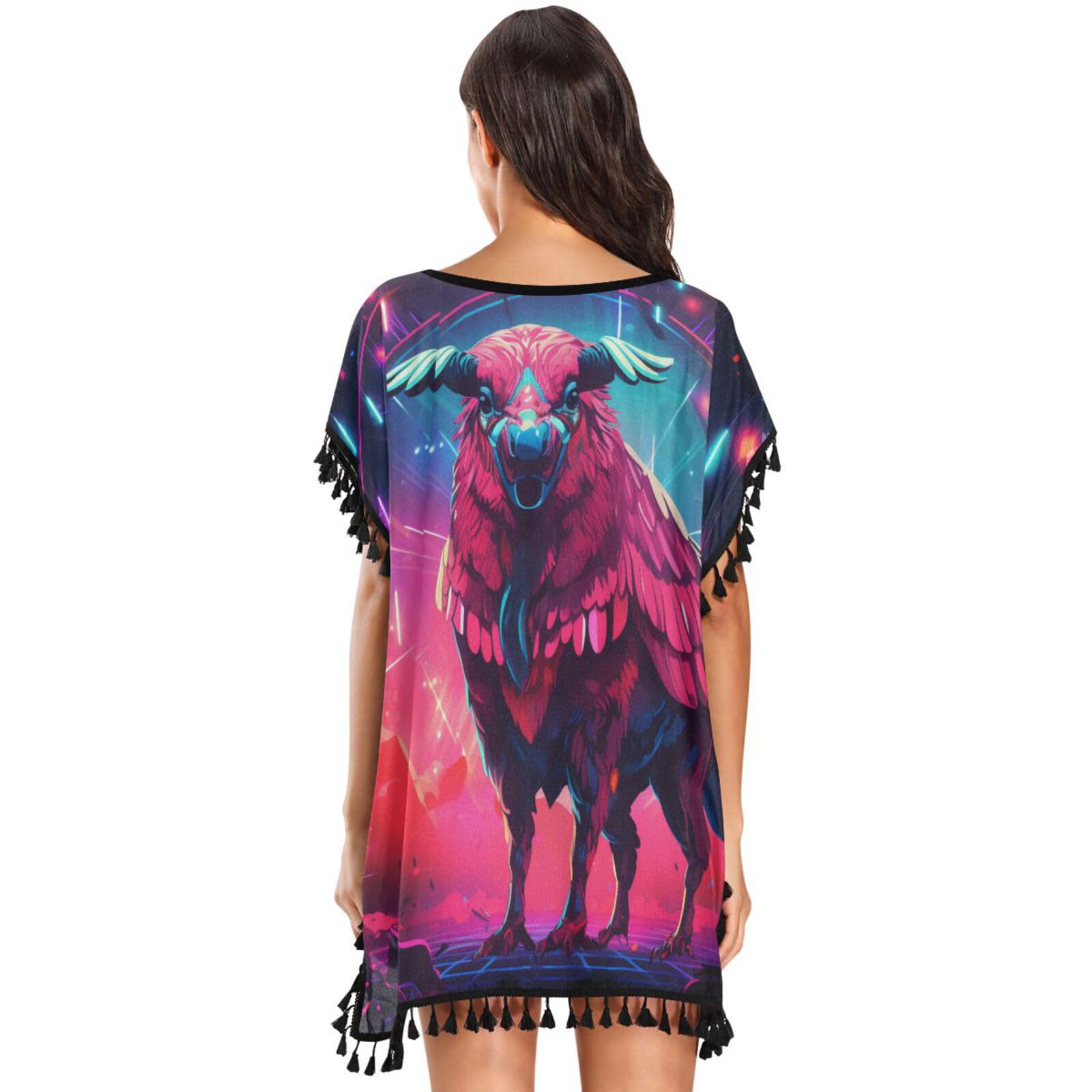 Pink Light Cool Art Bison Women's Beach Cover Up Chiffon Tassel Swimwear Swimsuit Coverups for Girl