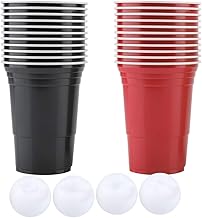 OhhGo Conjunto de jogo de pongue para beber pongue - 11 copos vermelhos + 11 copos pretos + 4 bolas 0 copos sem copo para festa de beber, conjunto de jogo de pongue, conjunto de jogo de bebida sem copo de pongue para copos de festa de pongue