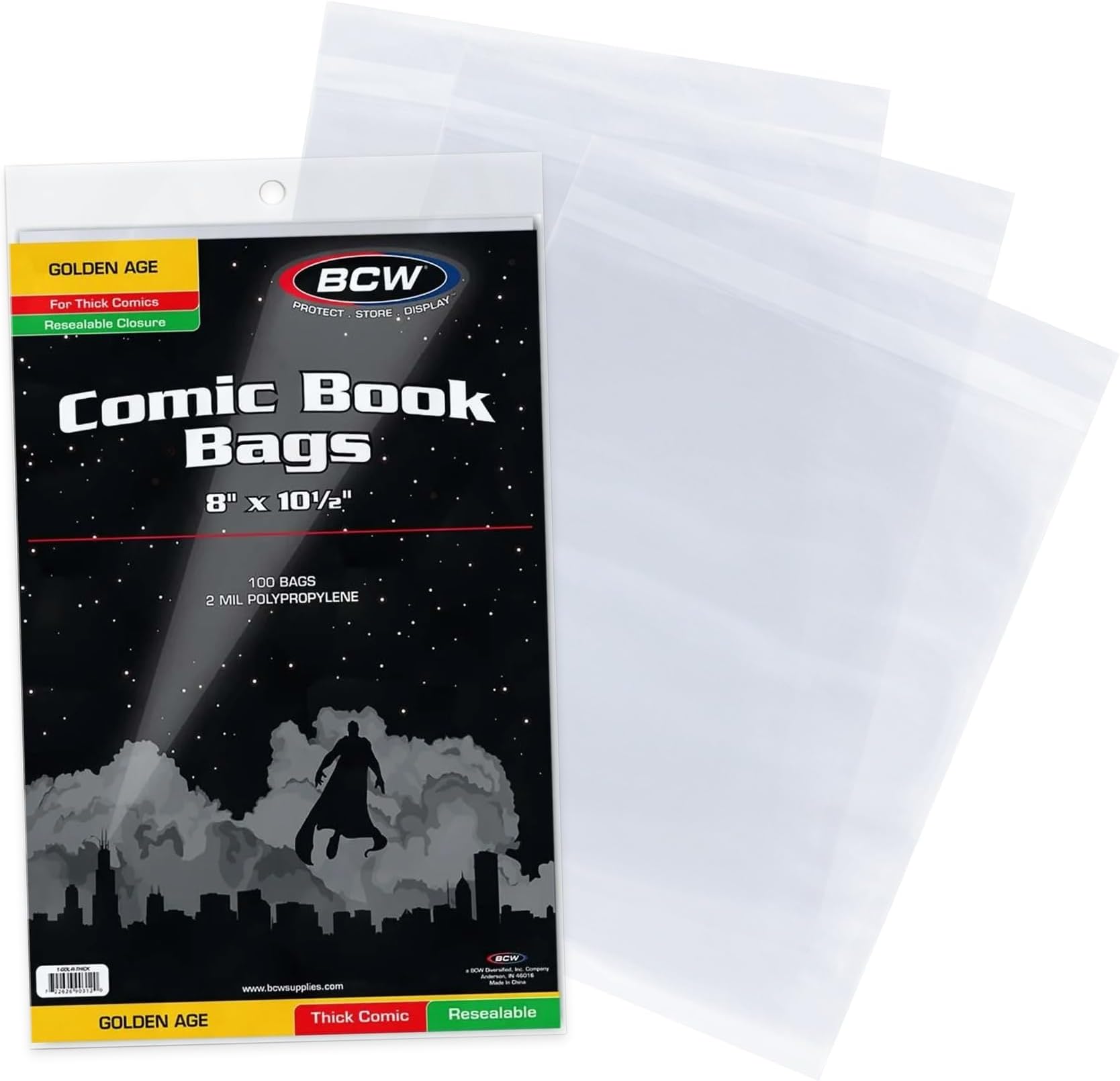 BCW Thick Resealable Golden Age Comic Bags - 100 Pack | Crystal Clear, Acid-Free Protection, Polypropylene Sleeves | Comic Bags for Secure Storage of Standard Golden Comics Collection