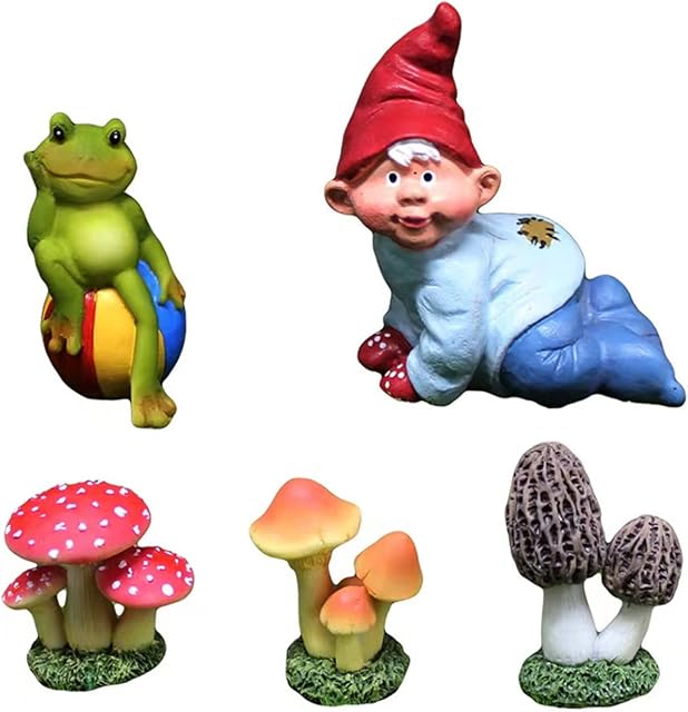 Miniature Garden Gnomes Ornaments, Outdoor Small Gnomes Statues, Fairy Garden Flowerpot Mushroom Ornaments, Funny Frog Resin Sculptures Outside Statues for Lawn Decorations Patio Yard, Set of 5