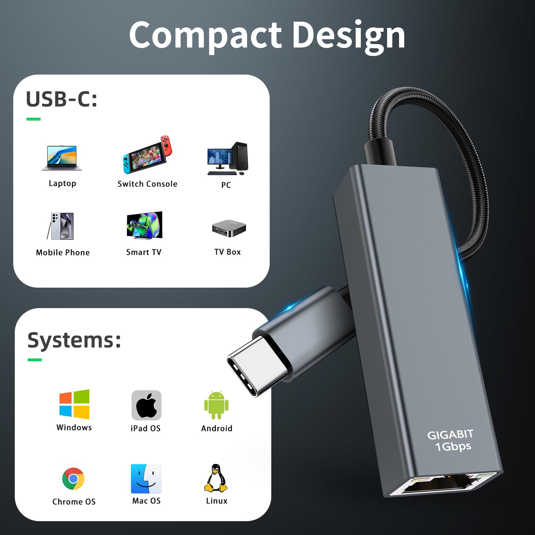 Adattatore USB C a Ethernet - Thunderbolt Ethernet a LAN, Adattatore Gigabit RJ451000Mbps in Alluminio Compatibile per iPhone 15 Pro/Max MacBook Pro/Air 2023 iPad Pro iMac S23 XPS 17