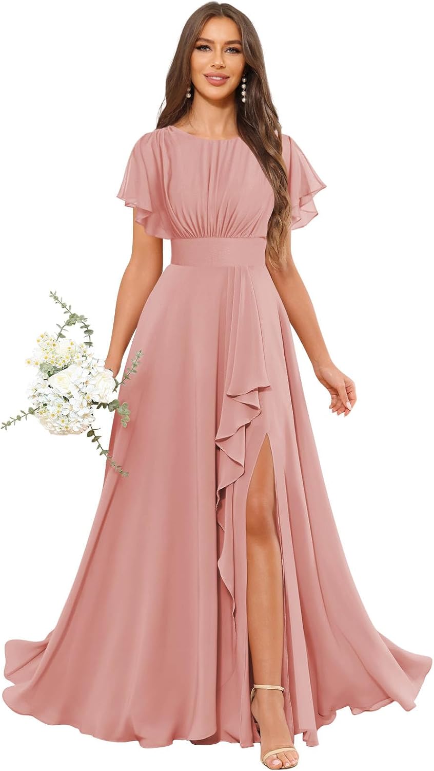 Chiffon Bridesmaid Dresses with Sleeves Slit A Line Formal Evening Gown - Image 5