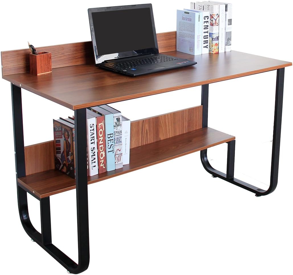 Modern Computer Desk Writing Table - Bizzoelife Compact Office Desk with Bookshelf Hutch 47" Study Home Worksation (Brown)