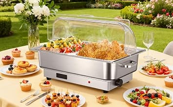 9 Qt Electric Chafing Dish Buffet Set, Stainless Steel Food Warmer with Roll Top Clear Lid, Adjustable Temperature Control, 1x1/1 and 2x2/1Size Pans, Commercial Buffet Server for Parties & Events