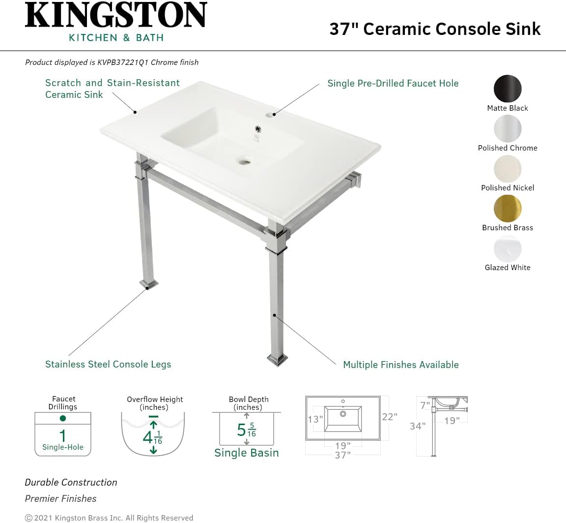 Kingston Brass KVPB37221Q0 Monarch 37-Inch Console Sink with Stainless Steel Legs (Single Faucet Hole), White/Matte Black