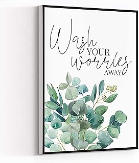 Canvas Wall Art Wash Your Worries Away Eucalyptus Bathroom Print,Botanical Home Decor Artwork Painting for Modern Living Room Office Decor Framed Ready to Hang 8"x12"