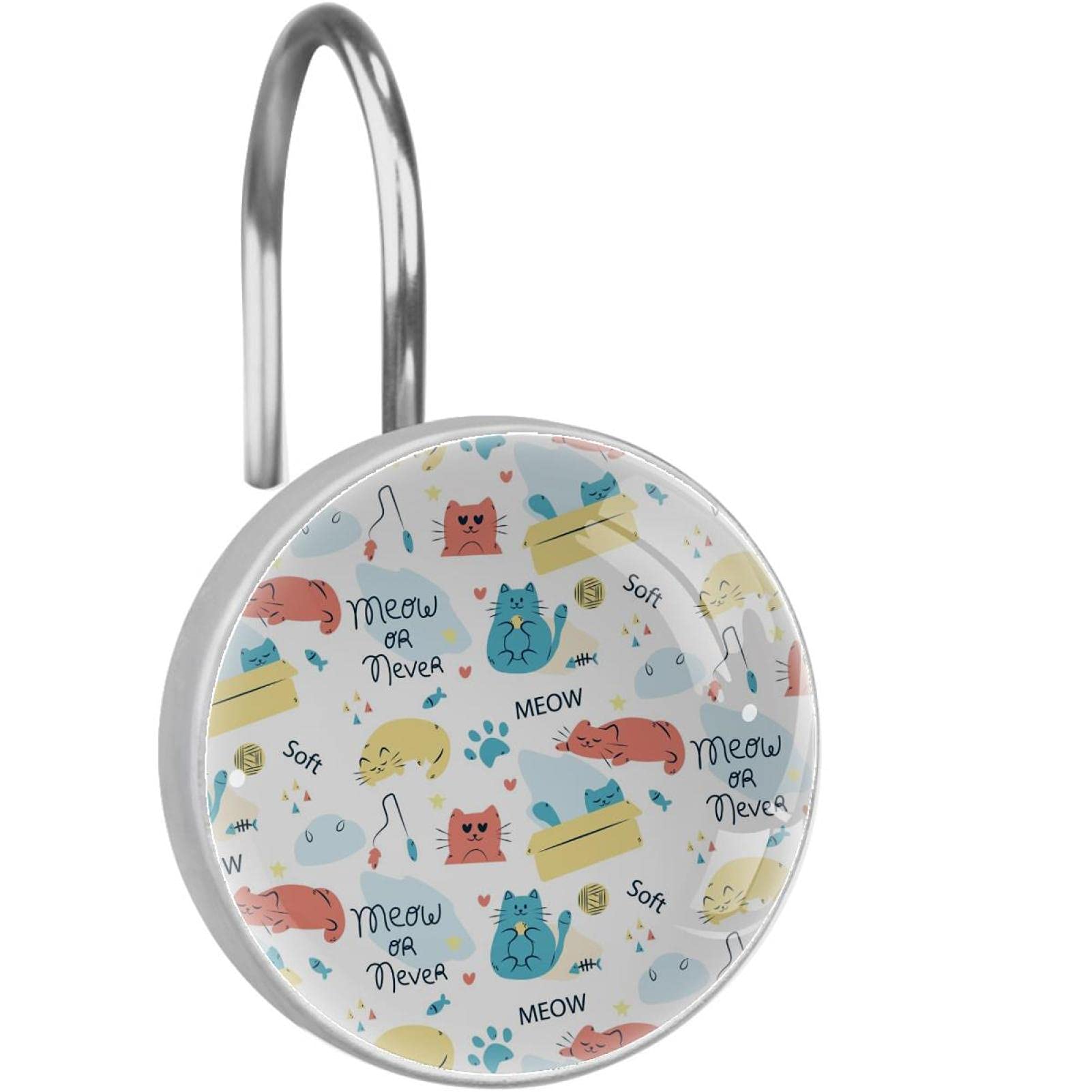 Anneaux de rideau de douche acier inoxydable lot de 12 crochets salle de bain chat poisson