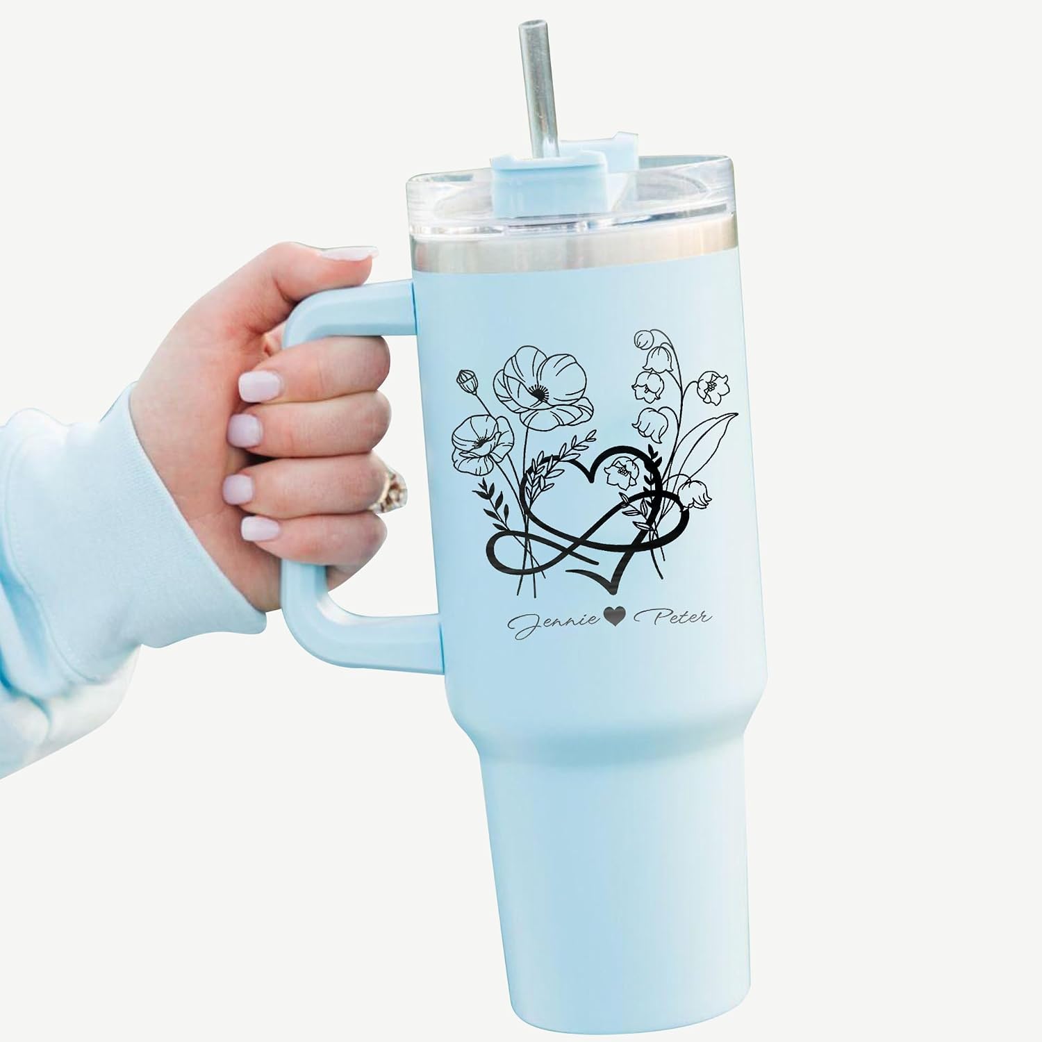 Couple Birth Flower Bouquet Personalized Tumbler 40 oz Laser Engraved, Insulated Cup with Handle, Lid and Straw,Customized Double-Walled Stainless Steel for Valentine's Day,Fiancée,Lover,wifey,hubby