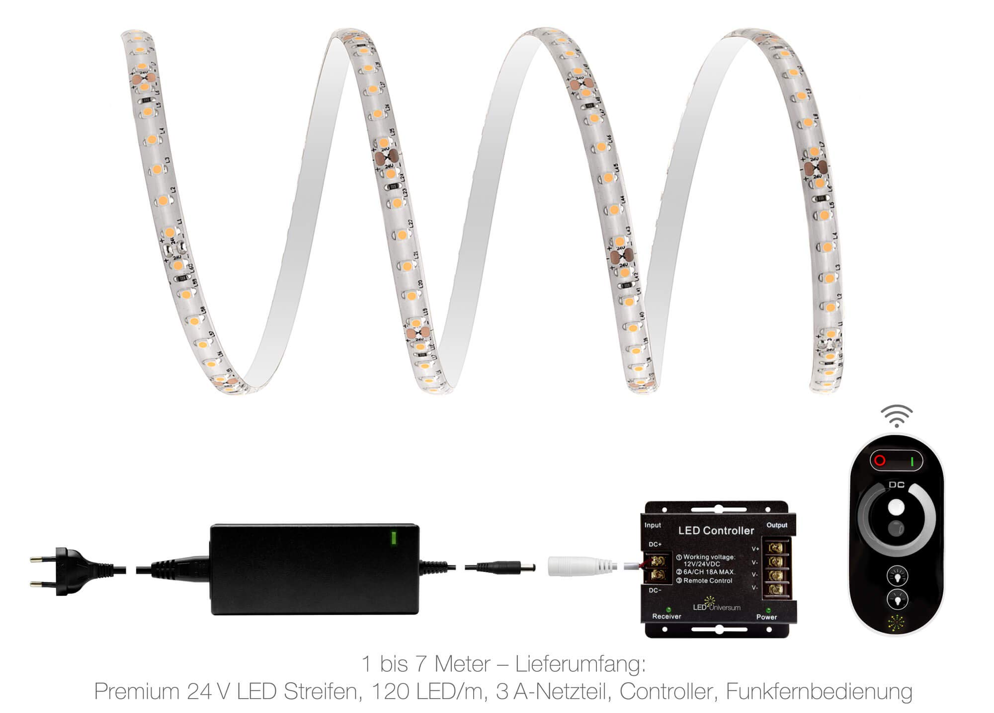 7 Metros prof. Muy HELLERMANN warmweißer tira LED (120 LED/M, IP65, 24 V), incluye controlador, mando a distancia y fuente de alimentación