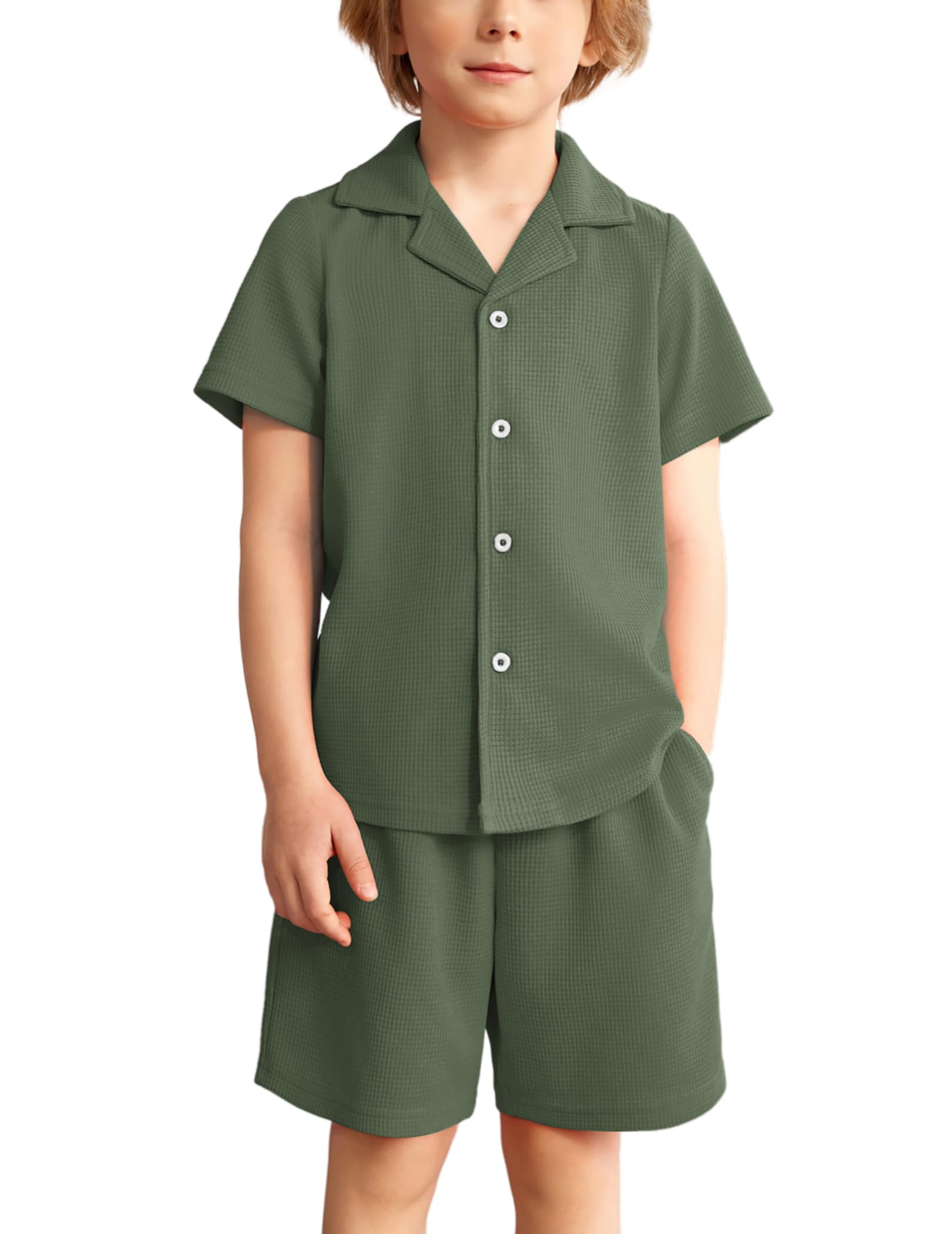 Arshiner Toddler Boys 2 Piece Summer Outfits Waffle Knit Short Sleeve Button Down Shirt &amp; Casual Shorts Sets Size 2-7