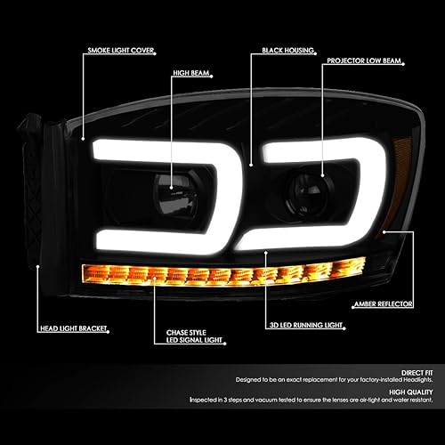 Miniatura 10 de Auto Dynasty Par de faros delanteros LED DRL C-Bar secuencial de señal de giro compatible con Dodge Ram 1500 2500 3500 camión 06-09, lado del