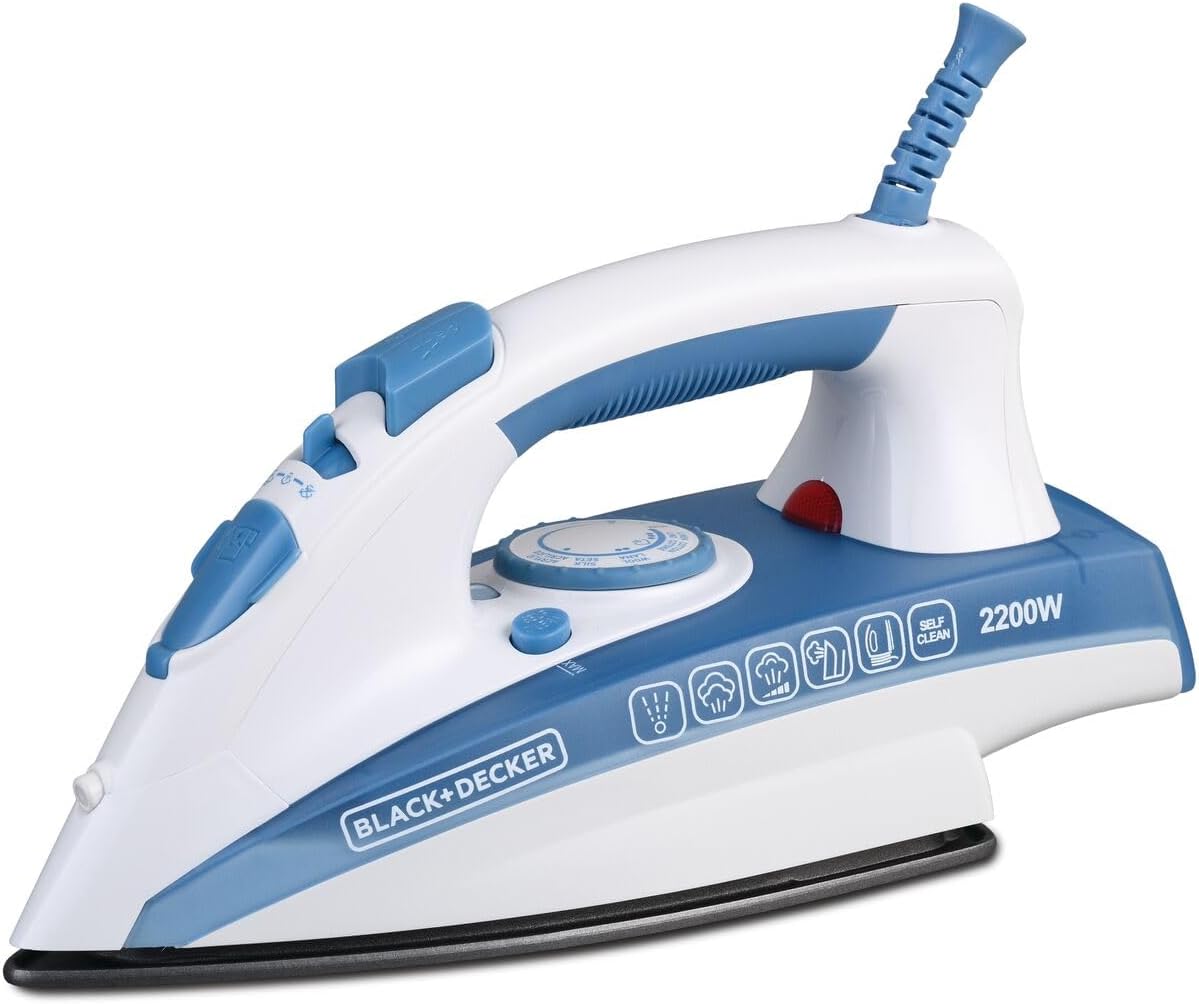 BLACK+DECKER 2000W Steam Iron, Ceramic Soleplate, 25g/min Continuous Steam, 90g Steam Boost, Vertical Steam, Self-Clean, Anti-Drip, 300ml Water Tank, Blue, X2000-B5