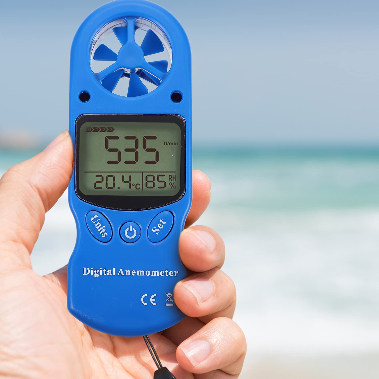 Termoigrometro Digitale Portatile Mini 1 Pezzo Plastica Blu | Misura Velocità Aria e Umidità, Schermo Lcd con Retroilluminazione, Borsa Inclusa