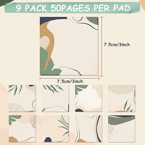 Miniatura 2 de Paquete de 9 notas adhesivas bohemias de 3 x 3 pulgadas, bonita nota adhesiva, bloc de notas autoadhesivas con patrón verde bohemio, notas adhesivas
