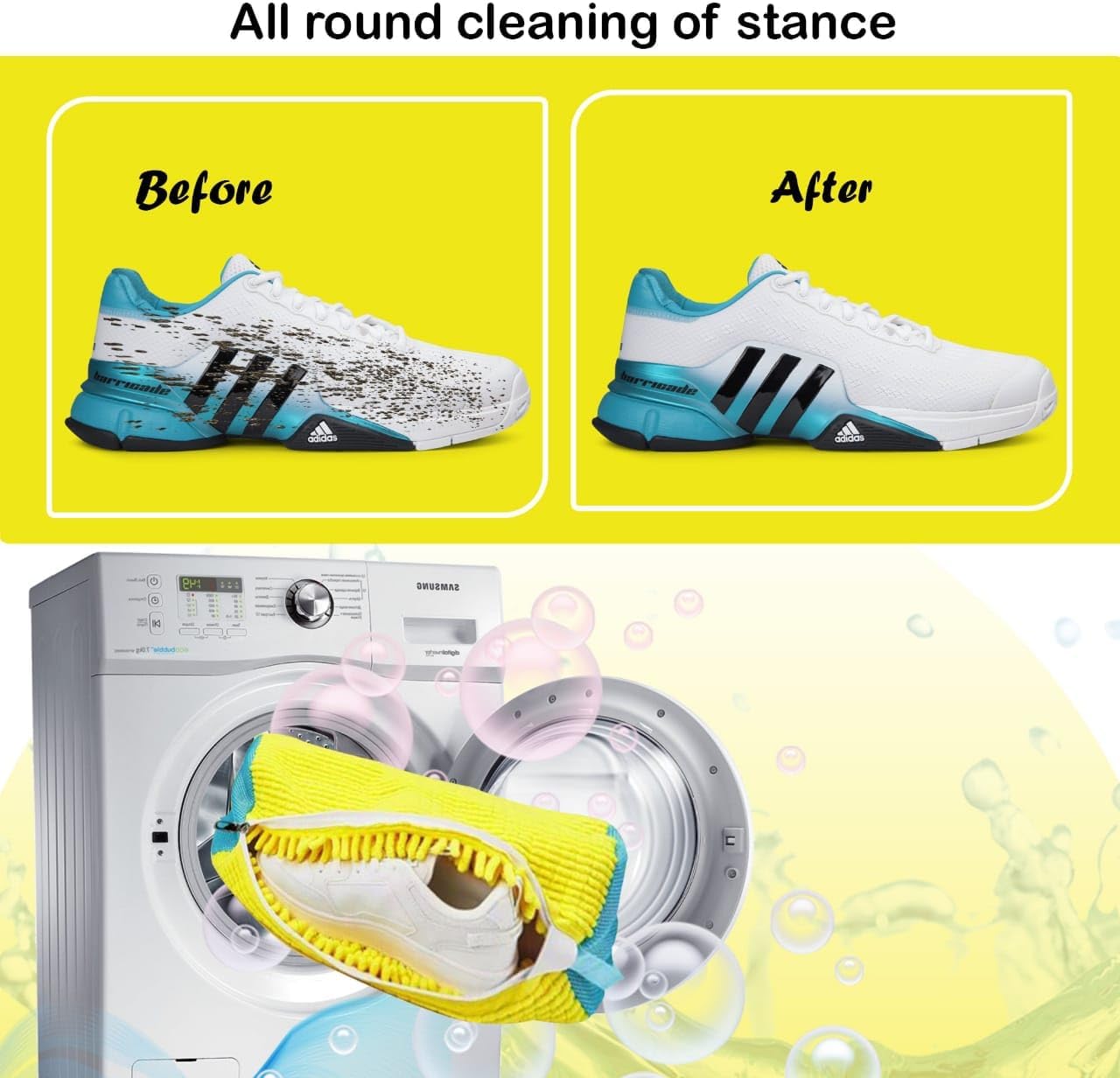2PCS Shoe Washing Machine Bag for Washer and Dryer – Reusable Chenille Laundry Shoe Bags with Invisible Zipper, Sneaker Cleaning Bag for All Shoe Types and Sizes (Yellow)
