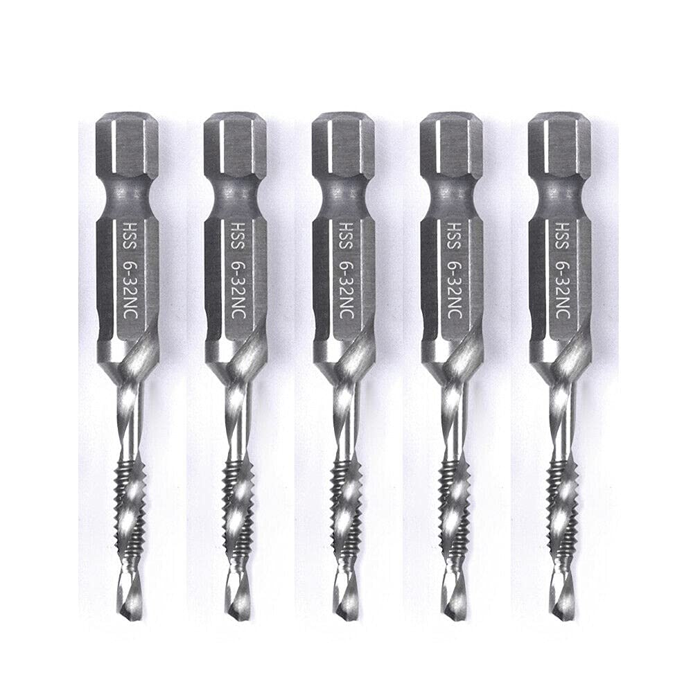 5PCS Combination Drill Tap Bit Set Screw Tapping Hex Shank HSS MetricImperial Plug Drill Bits Hand Tools 6-32NC, 6-32NC (3.5mm)