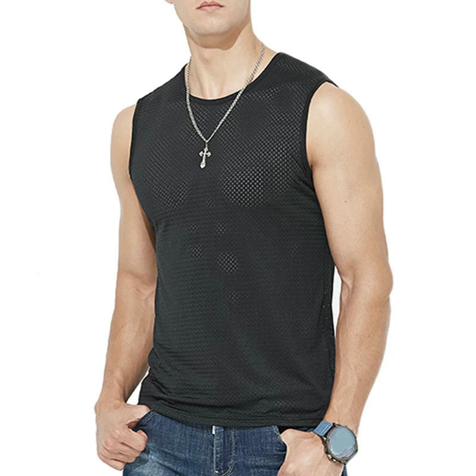 Kamizelka Fitness T-shirty Walizki Jedwab Lód Męski Stringer Siłownia Przezroczysta Koszulka Bez Rękawów Siateczka-Niebieski-SG